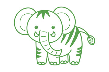 The green cartoon elephant stands playfully with large ears and a short curly tail