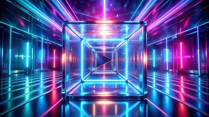 Neon Cube in a Sci Fi Tunnel with Glowing Lines and Reflections Futuristic Design