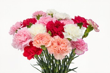 A beautiful bouquet of carnations in various colors, isolated on a white background