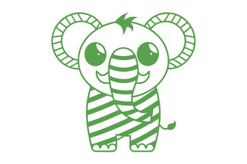 Green cartoon elephant is standing cheerfully with stripes on its body and big eyes