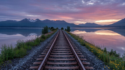 Fototapeta premium Railroad Tracks by Mountain Lake at Sunrise with Colorful Sky Reflection