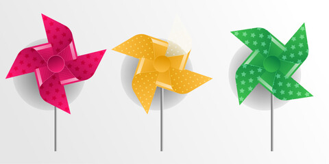 Summer toy pinwheel isolated vector illustration colorful spinning paper fan windmill rainbow design child game symbol whirligig playful concept background childhood breeze flower set