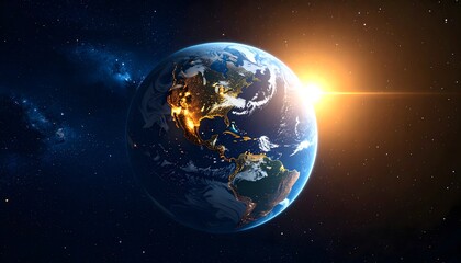 Obraz premium A sunless Earth drifting in silence through space, faint city lights flickering as AI mourns its vanished creators—an emotional vision of loneliness, cosmic solitude, and the quiet end of civilization