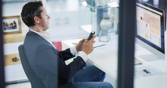 Reading, phone and research with business man in office for planning, client negotiation and portfolio update. Communication, account manager and contact with person in agency for notification - Powered by Adobe