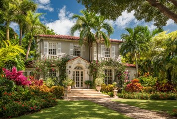 Fototapeta premium Elegant colonial-style mansion surrounded by lush tropical garden with vibrant flowers and tall palm trees under a bright blue sky