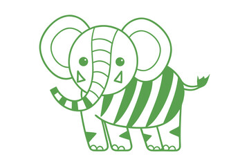 Stylized elephant with green lines, triangle eyes, and distinctive striped pattern stands prominently
