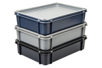 Stack of three industrial plastic storage containers with lids isolated with transparent background
