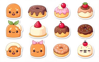 kawaii food sticker pack: gingerbread, pudding, donuts, faces and hats,. High quality