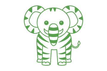 Green outlined cartoon elephant with zebra stripes and a smiling face stands confidently