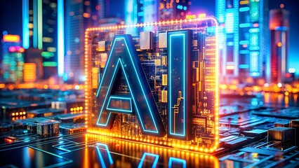 Artificial Intelligence Concept with Glowing AI Letters on a Circuit Board in a Cityscape