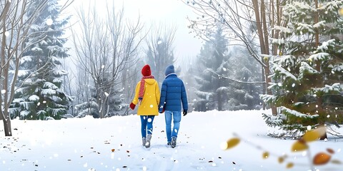 Romantic winter scene of couple walking hand in hand through snowy forest in colorful jackets during snowfall