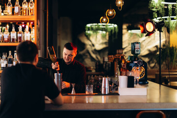 Bartender Preparing a Drink in a Cozy Modern Bar Setting