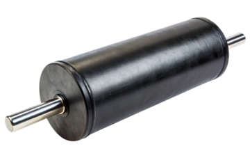 Black industrial conveyor roller with a stainless steel axle isolated with transparent background
