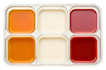 Top-down view of a sampler tray with six different sauces isolated with transparent background
