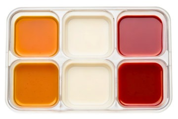 Top-down view of a sampler tray with six different sauces isolated with transparent background
