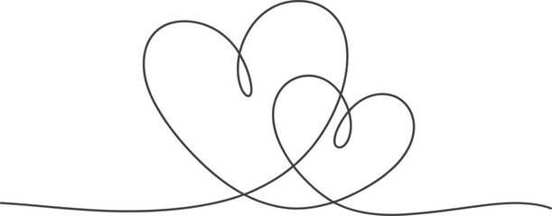 Continuous Line Drawing of Two Hearts on White Background Design Element