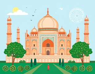 Fototapeta premium Colorful flat illustration of the iconic Taj Mahal in India, showcasing its majestic architecture and beautiful gardens under a bright sky