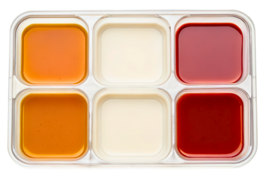 Top-down view of a sampler tray with six different sauces isolated with transparent background