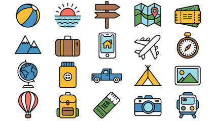 A set of 25 travel and vacation icons arranged in a 5x5 grid on a white background.  
