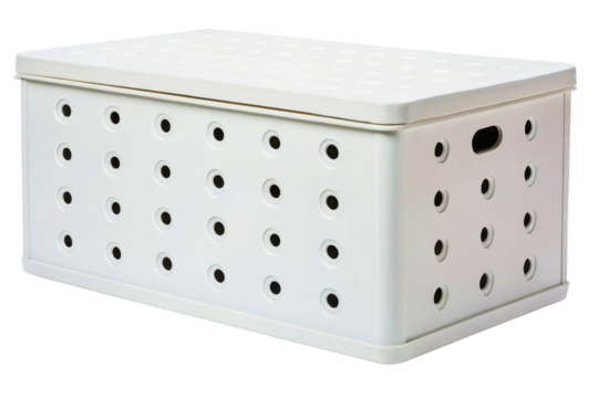 White plastic storage box with a lid and round ventilation holes isolated with transparent background