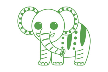 Smiling baby elephant outlined in green with unique patterned body stands happily on white