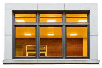 Modern architectural window with a view of a lit interior isolated with transparent background