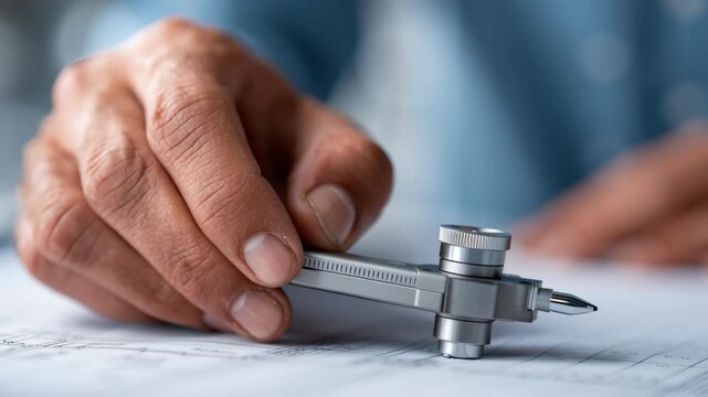 Professional engineer hand holding compass tool for precise technical drawing on blueprint paper, focusing on detail, accuracy, and expertise
