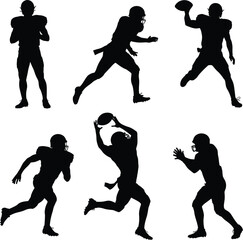 Silhouette of football players, action poses, running, throwing, catching ball, black vector illustration, athlete movement, sports concept, isolated set.