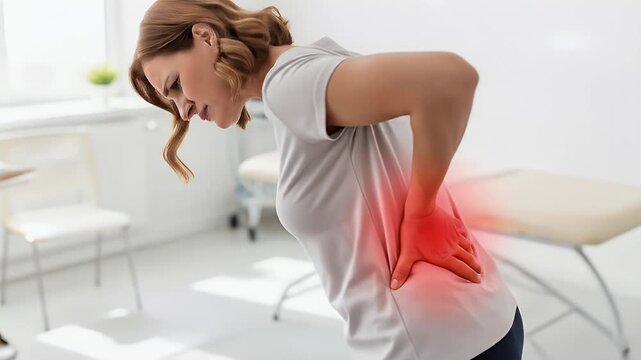 Woman in pain holding her lower back in a medical office