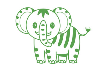 Green elephant outline features cute eyes, striped torso, dotted trunk and legs on white