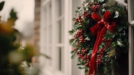 festive green Christmas wreath with red berries and  large red ribbon adorns  white paneled window
