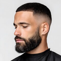 Obraz premium Man with short dark hair and a full beard in a side profile portrait.