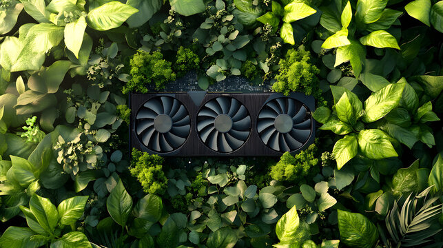 Powerful graphics card nestled amidst lush green foliage, symbolizing eco-friendly technology and innovation.
