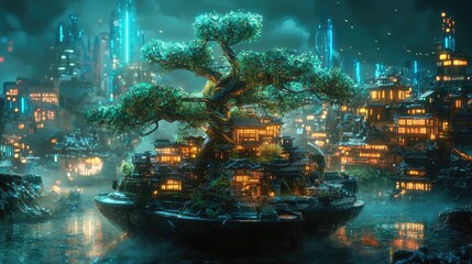 Create a biopunk photo of a japanese bonsai tree with organic buildings and glowing bioluminescent plants. high detailes 8k resolution -