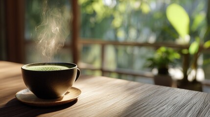 steaming cup of green matcha tea sits on  wooden saucer on  sunlit table