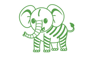 Green cartoon elephant with stripes smiles broadly against a white background cheerfully