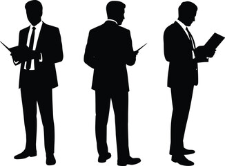 Businessman silhouette, formal attire, holding document, standing pose, black vector illustration, corporate theme, office concept, professional figure, isolated set.