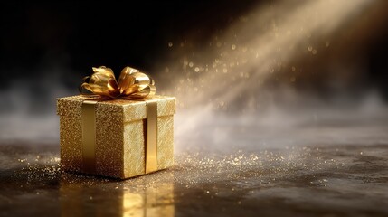 Glittering golden gift box with ribbon and bow surrounded by festive sparkling light and mist