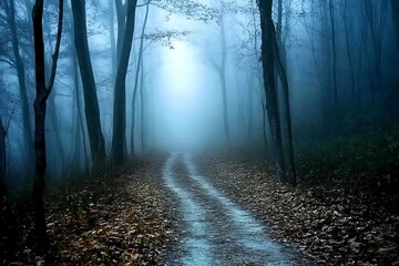 Mysterious forest path bathed in ethereal blue light leading into a dense foggy wilderness