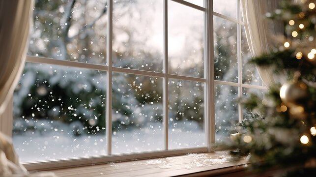 Snow falling outside window with blurred Christmas tree and warm lights inside