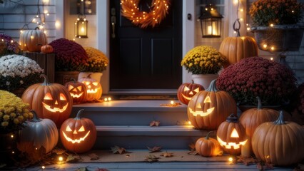 Obraz premium Halloween Porch Decor: Jack-o'-Lanterns & Autumnal Blooms in Soft Evening Light
