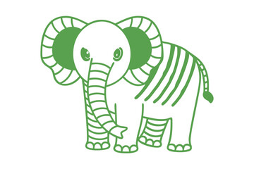 Smiling green line art elephant looks cute, standing peacefully on a white background