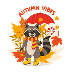 Cartoon Raccoon in Scarf and Boots with Umbrella and Autumn Leaves