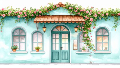 Fototapeta premium 物語の始まり：ターコイズブルーの壁と、ツタが絡まる花々の美しい建物Generated image