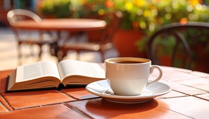 テラス席でリラックス：テラコッタのテーブルで楽しむ、心地よい午後の休憩Generated image