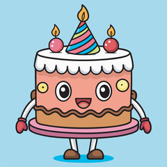 Cartoon Birthday Cake Character with Party Hat and Candles