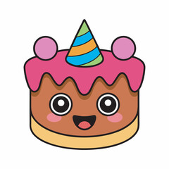 Cute and Delicious Birthday Cake Cartoon Character with Party Hat Decoration