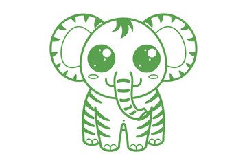 Outlined green cartoon elephant with round eyes and a happy small trunk appears cute