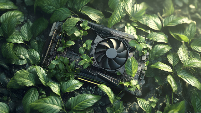 Innovative technology embraced by nature, symbolizing eco-conscious computing and sustainable digital growth.