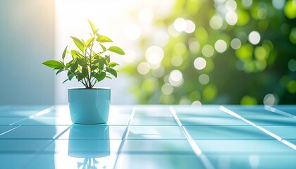 光と影のハーモニー：モダンな空間に佇む、一輪の植物と柔らかな光Generated image